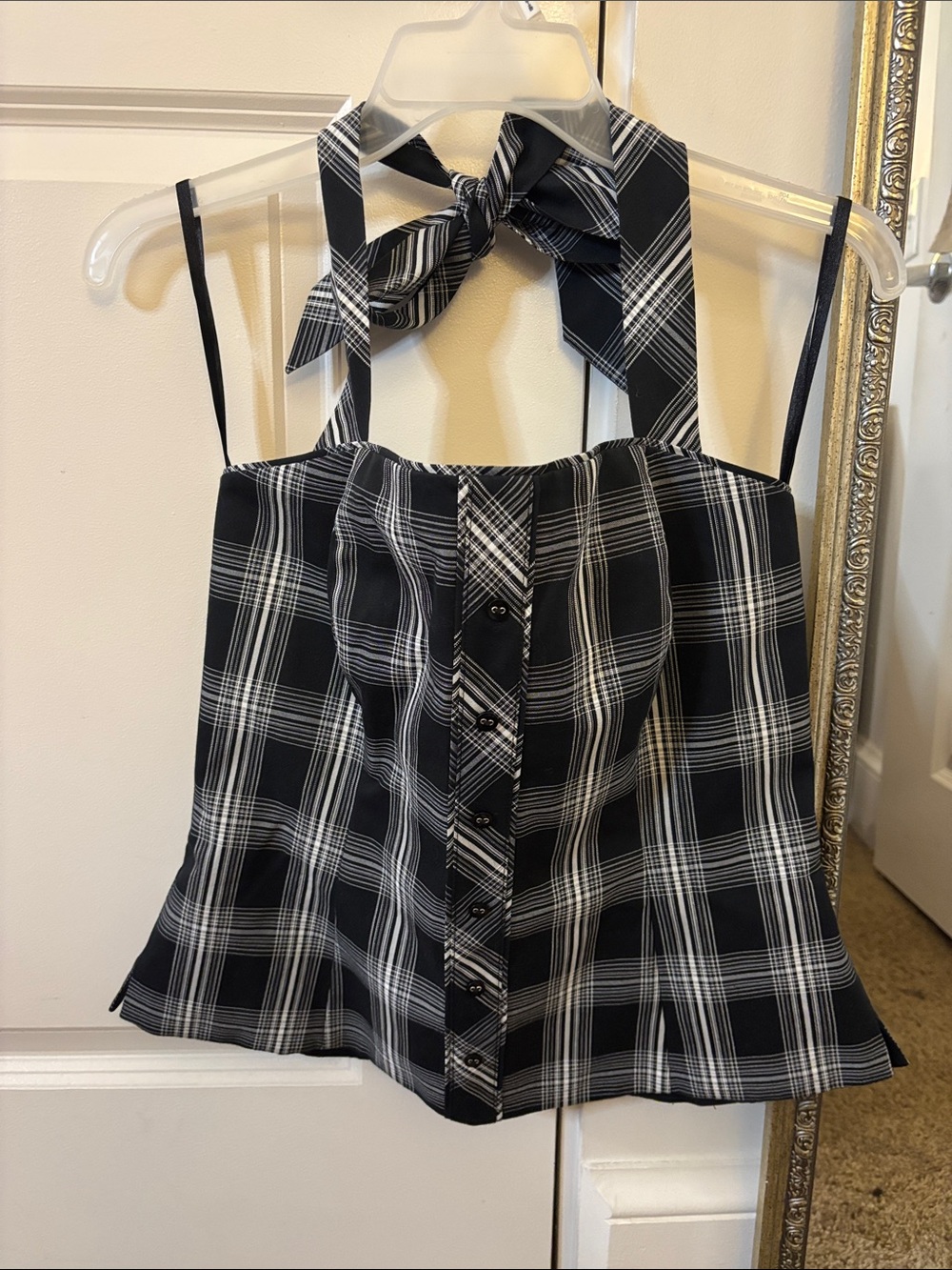 Black Plaid Button-Front Tie-Neck Camisole Top
